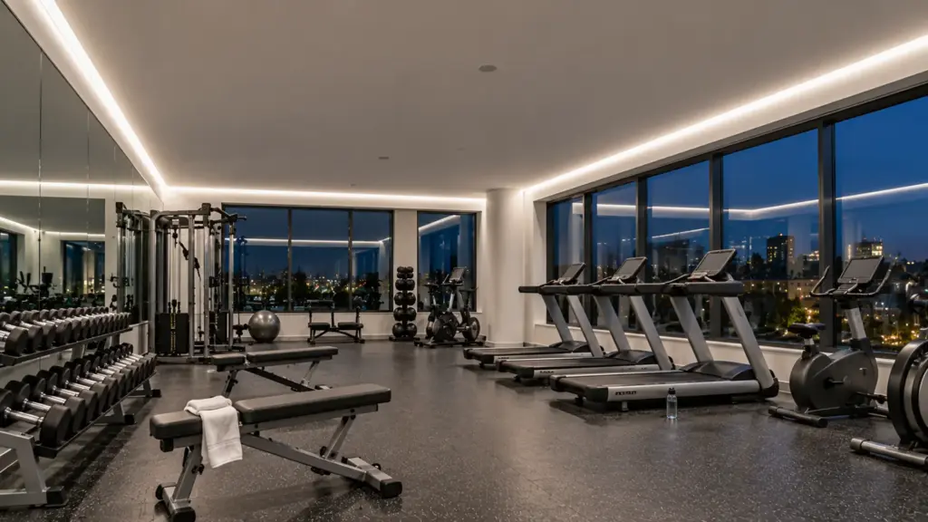 Building fitness room with LED strip in surface channels along the wall-ceiling edges on all four walls, lit at 5000K