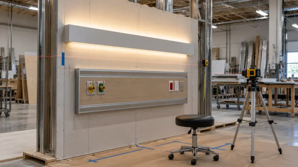 Full-size wall mock-up with a fascia and a lit LED channel above a headwall panel sample in a contractor's prefabrication shop