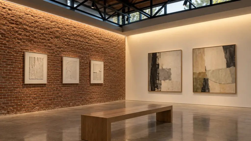 Ceiling slot channel grazing a brick gallery wall beside a smooth washed wall
