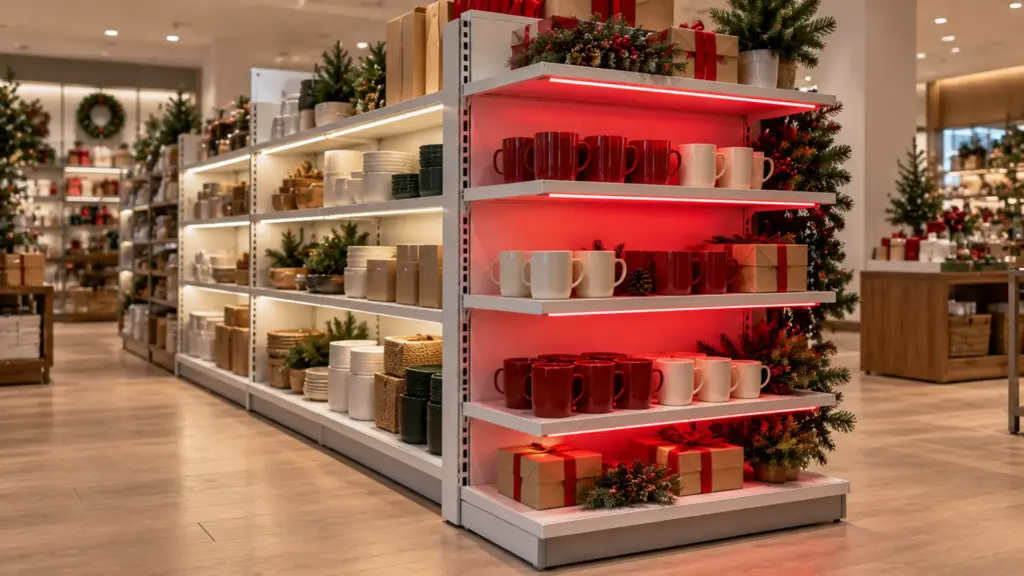 Seasonal end cap in a gift store with a red COB strip along the shelf edges, built into the same channels as the standard white strip beside it