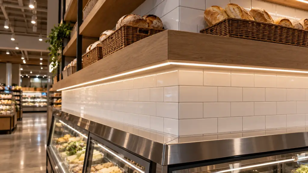 Mitered aluminum LED channel turning an outside corner on a grocery deli display wall