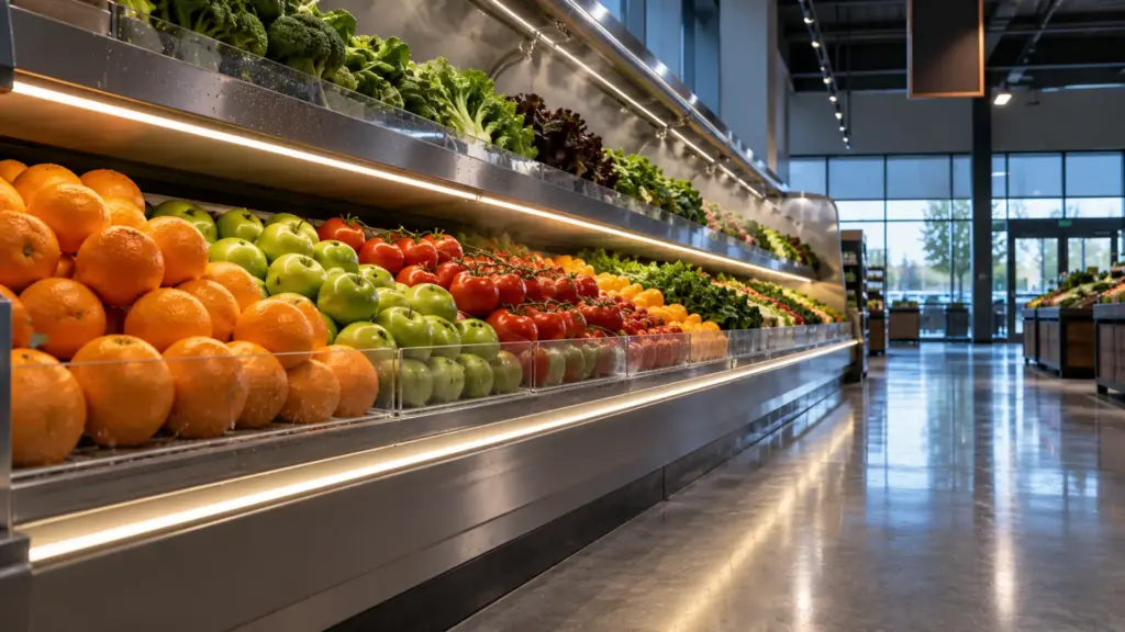 Opal-covered LED strip in an aluminum channel along a grocery produce shelf edge