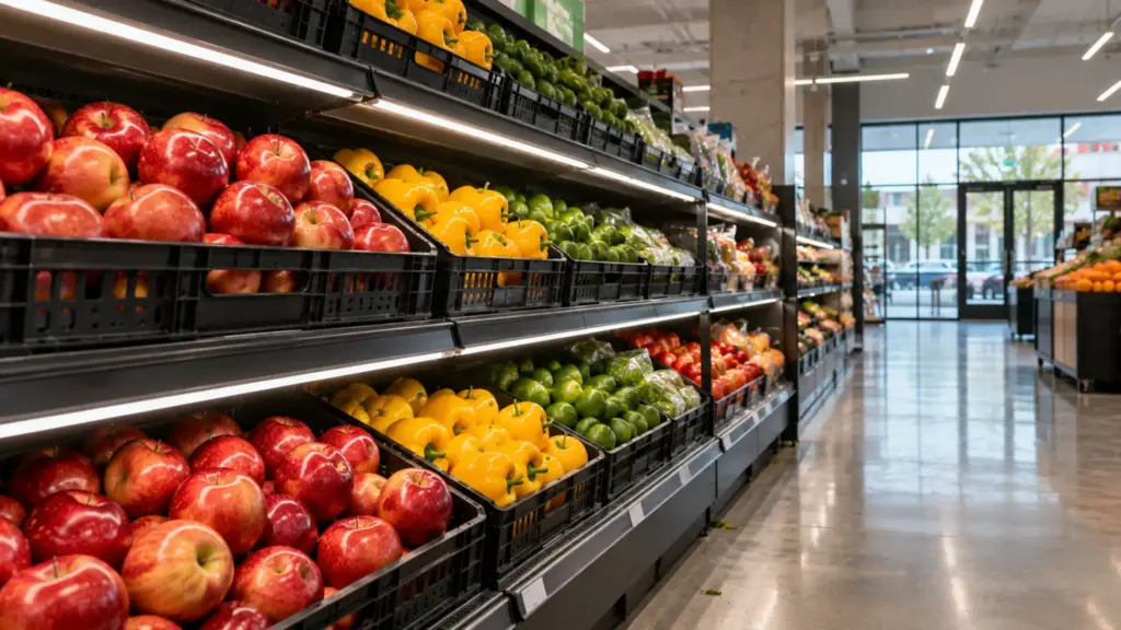 Ground-floor grocery tenant with a 4000K LED channel under each produce shelf edge lighting apples and peppers
