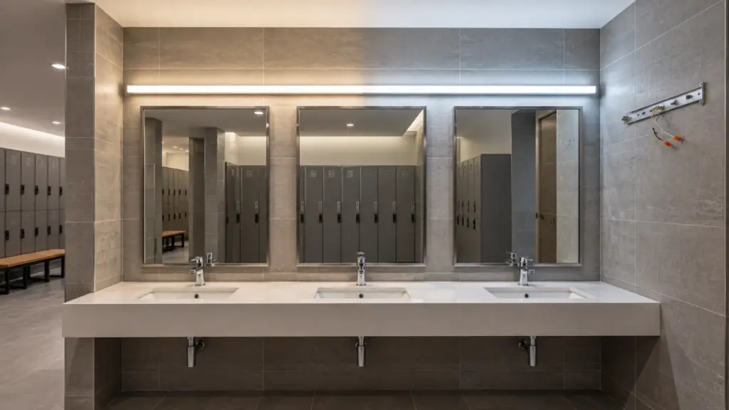 Gym locker room vanity with a tunable white LED strip above the mirrors lit 4000K on the left half and 5000K on the right, the empty bracket of the old T5 fixture still on the wall