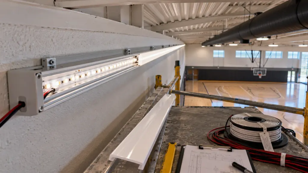 Click-in diffuser lifted out of an aluminum LED channel exposing the strip