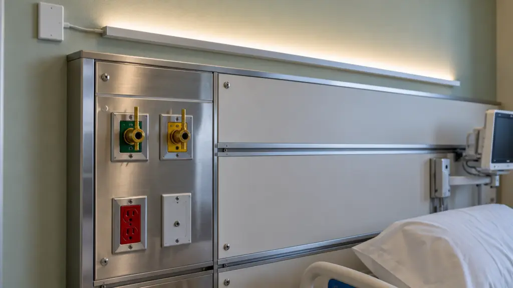 Close view of a headwall service section with gas outlets and a receptacle, and a lit LED channel mounted above it