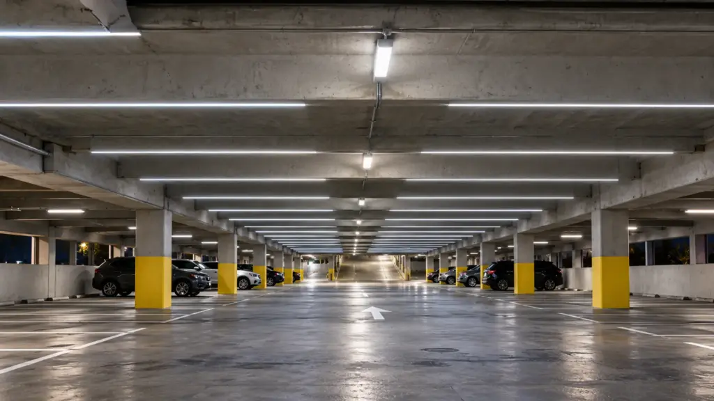 High-efficacy SMD LED strip in slim profiles on parking garage beam soffits at 6000K