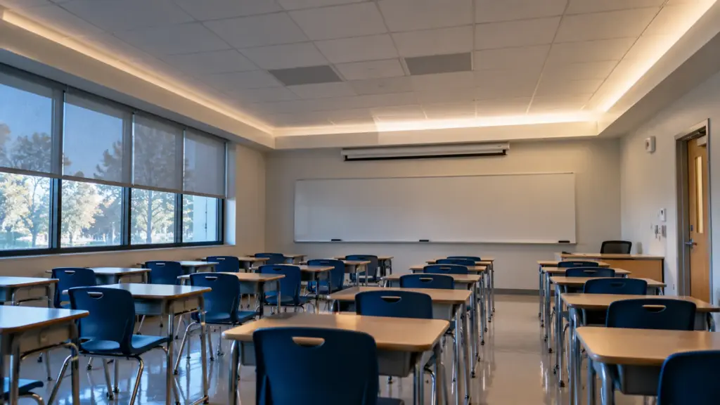Classroom with a perimeter LED strip cove dimmed on the rear zone and full at the whiteboard