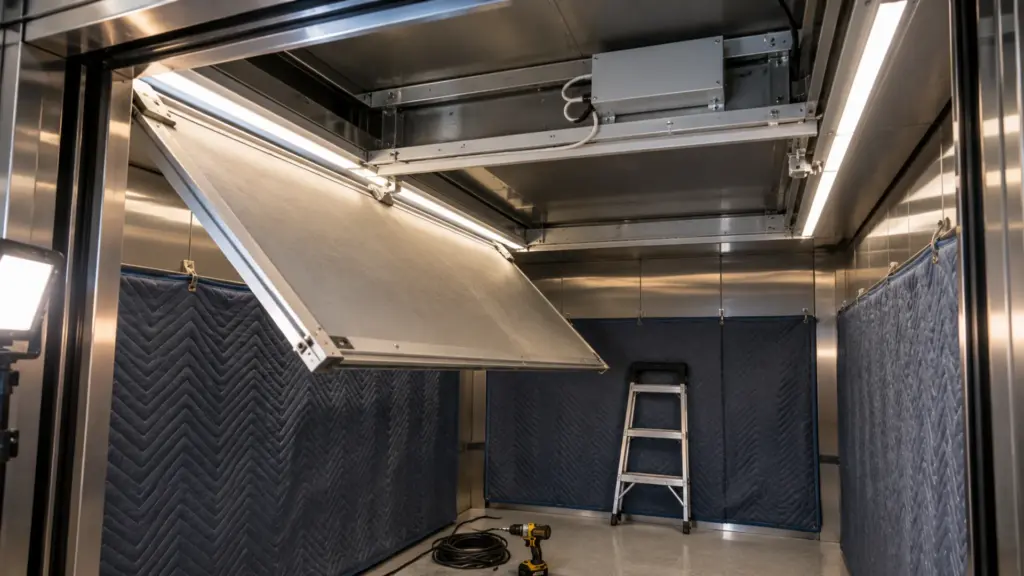 Hospital bed elevator under renovation with a ceiling panel lowered, aluminum LED channels screwed to the frame and the driver box above