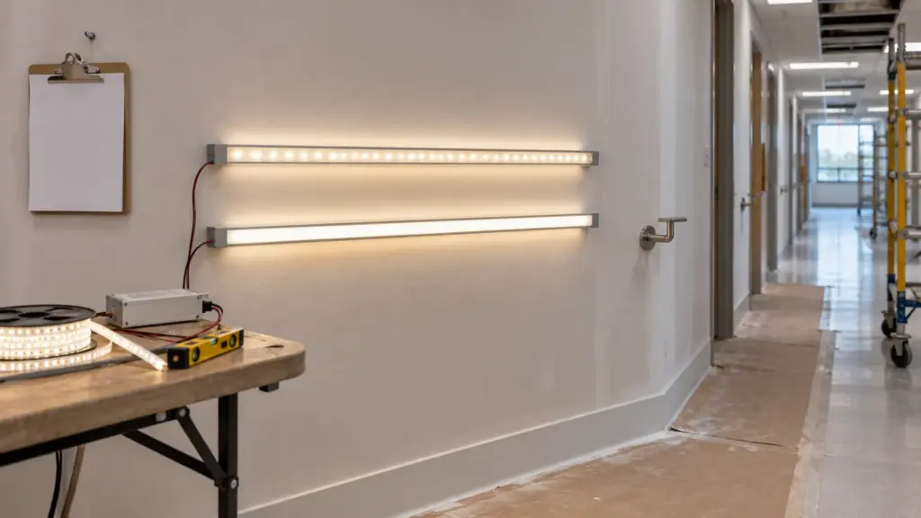 Hospital corridor wall mockup with a shallow LED profile showing dots above a deep LED profile reading as one even line