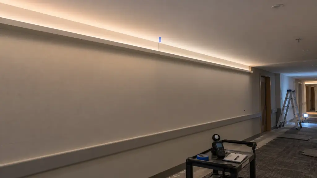 Corridor mockup with two LED strip cove samples dimmed side by side for comparison