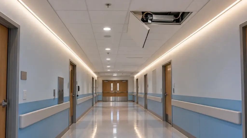 Hospital corridor with LED channel slots along both walls and an open ceiling access panel