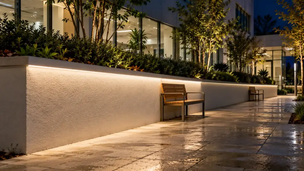 Plastered-in LED slot near the cap of a stucco planter wall in a hospital courtyard