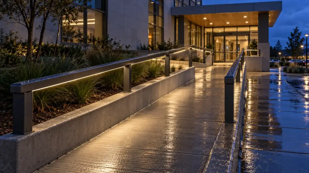 Hospital entrance accessible ramp at dusk with IP67 LED strip hidden under the aluminum handrail