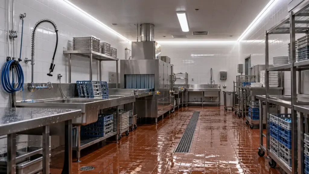 Hospital kitchen dish room after hose-down with a line-voltage LED strip in the wall-ceiling cove and the driverless feed