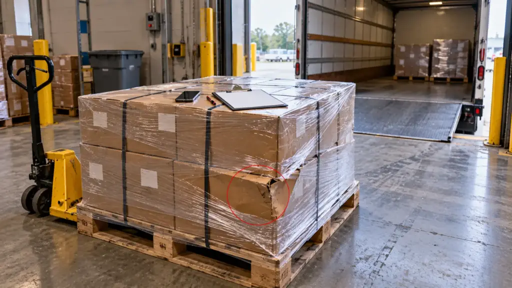Hospital loading dock with a pallet of lighting cartons, one crushed corner marked for the receipt