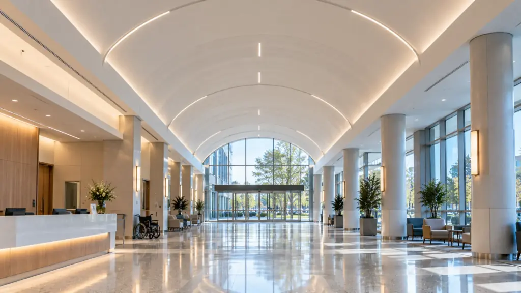 Hospital main entrance hall with a barrel-vaulted ceiling edge lit by LED strip in a bendable aluminum channel at 5000K