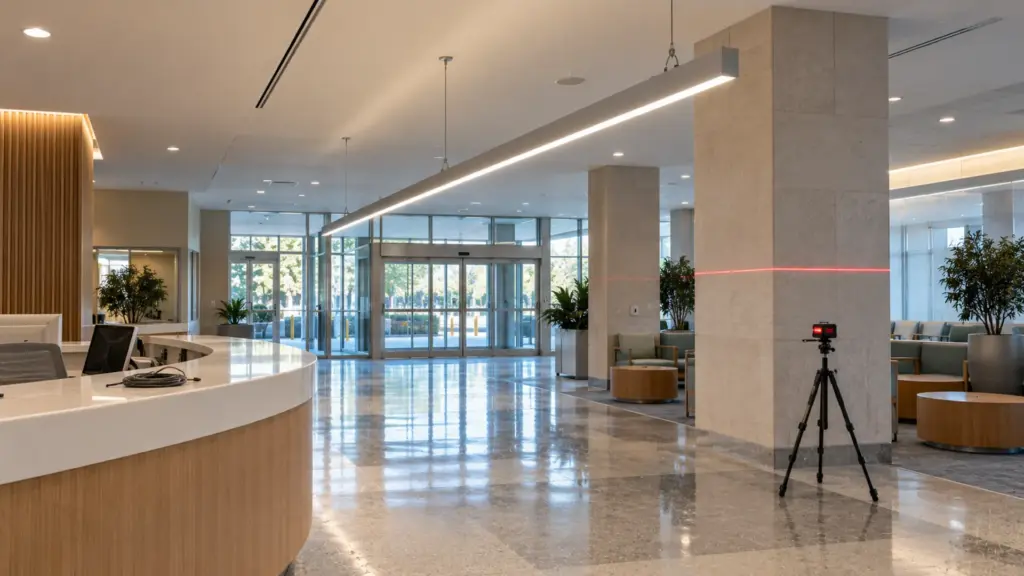 Hospital entrance concourse with a hung linear LED channel above a walkway and a laser line marking the clearance height