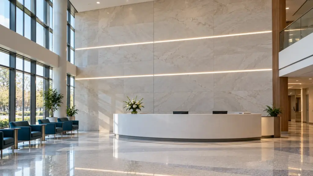 Tile LED channel lines with dot-free COB strip on a hospital lobby porcelain wall