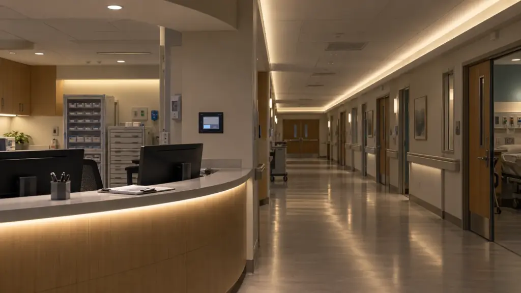Hospital nurse station at night with a touch panel for the floor's lighting schedule and the corridor cove behind it dimmed low at 4000K