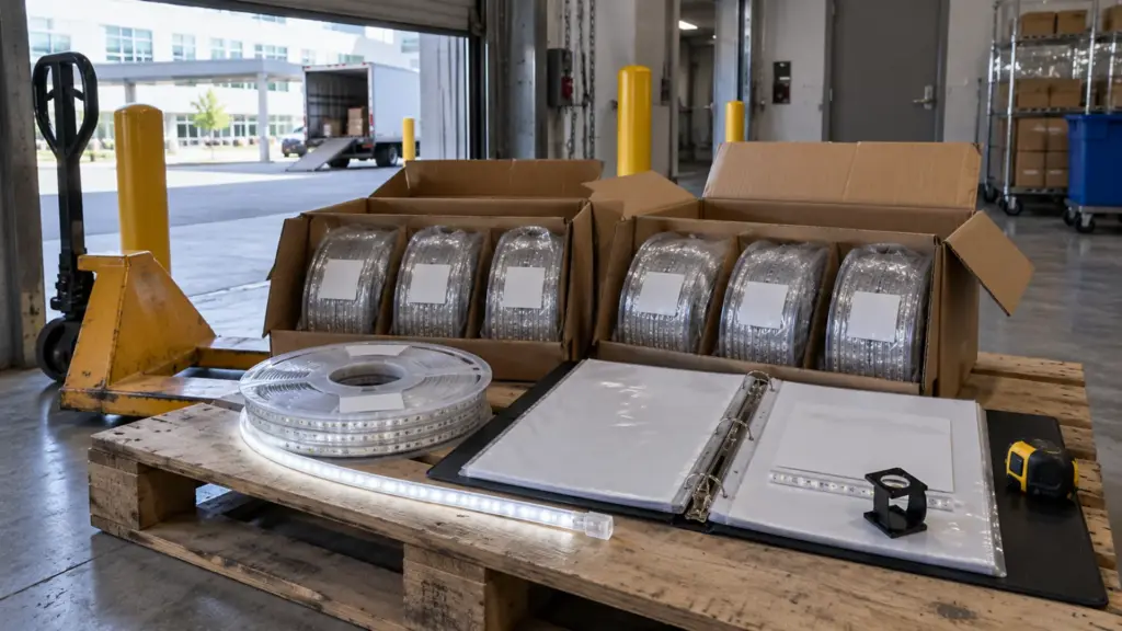 Hospital receiving dock with cartons of outdoor IP67 LED strip reels opened and their reel labels being checked against a submittal binder under 5000K light