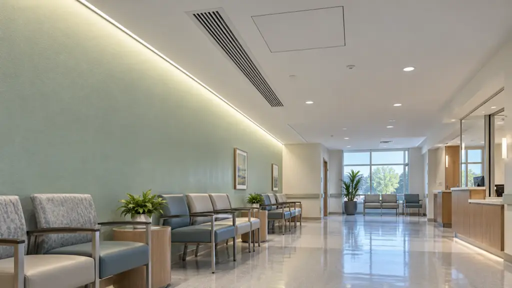 Hospital waiting area with a return-air grille in the ceiling and a feature wall lit by a slim wall-wash line