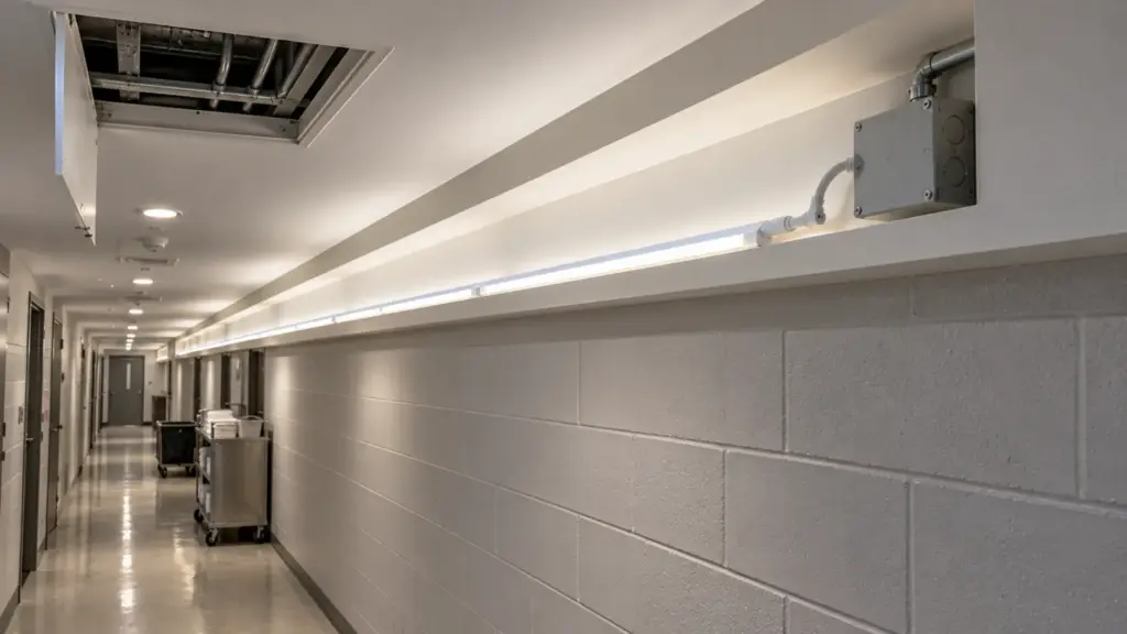 Hotel back-of-house corridor cove with 120V LED strip fed from a junction box through a short listed connector and a ceiling access open