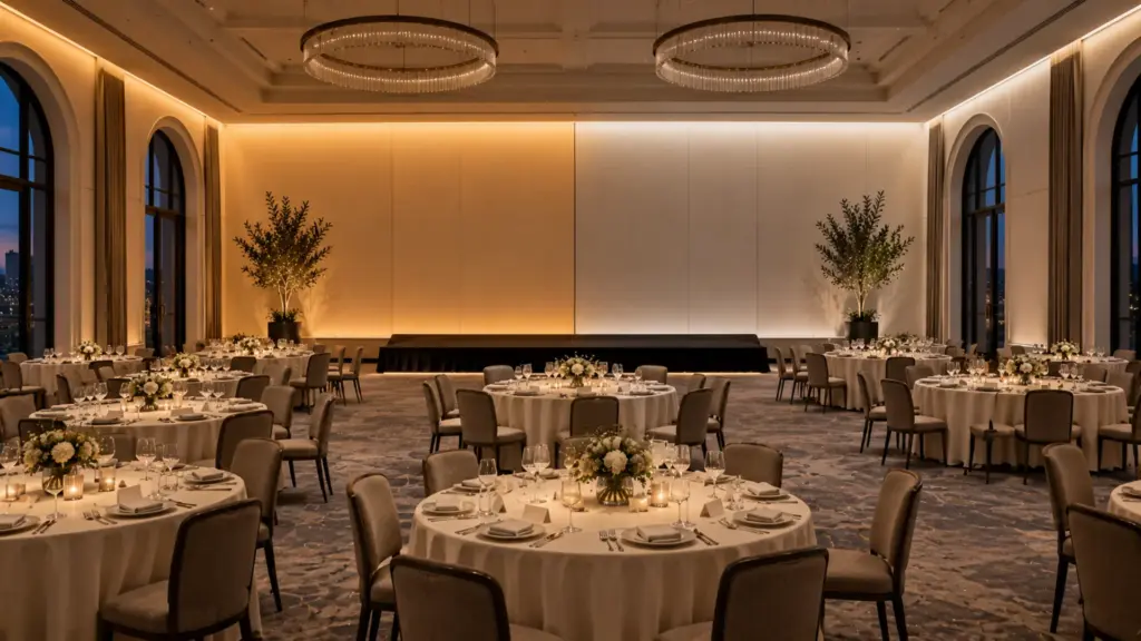 Hotel ballroom set for a gala dinner with a perimeter cove in tunable white, the left half set warm at 2700K and the right half at a 4000K event setting