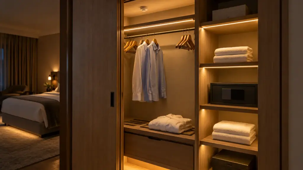 Open hotel closet with narrow COB LED strip along the shelf edges and hanging rail at 3000K