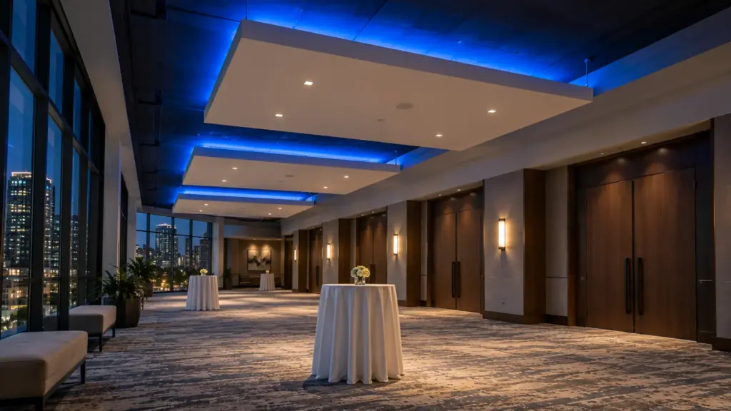 Hotel conference center pre-function area with floating ceiling clouds whose hidden RGBW LED strip edges wash the slab above deep blue while the floor below stays 4000K