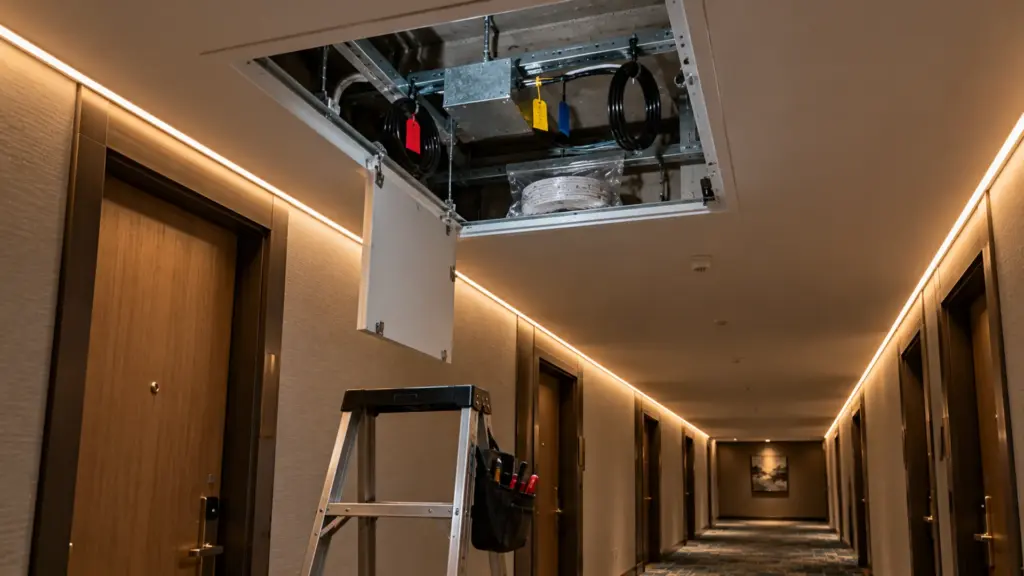Open ceiling hatch in a hotel corridor showing labeled strip leads, service loops and a junction box reachable from a ladder