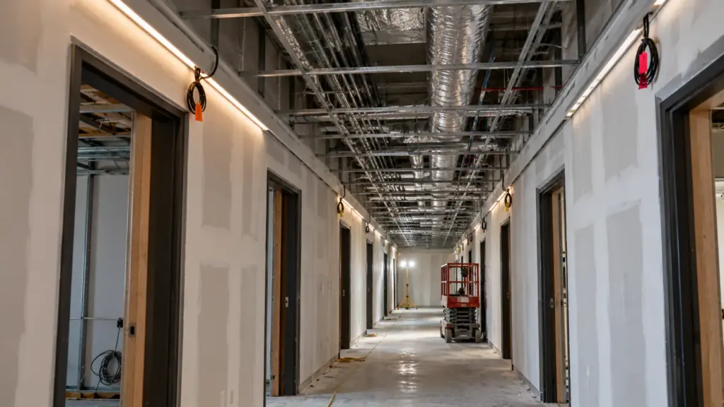 Hotel corridor under construction with channels fixed along both walls and a tagged lead at each feed point before the ceiling closes