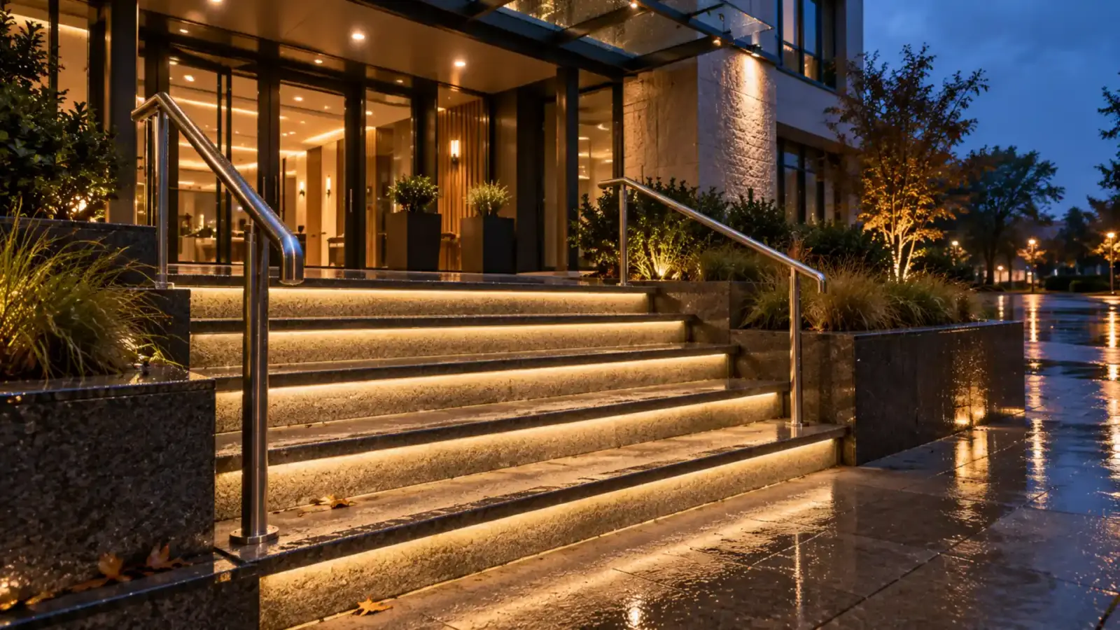 Exterior hotel entry stair at dusk with IP65 LED strip under each stone nosing