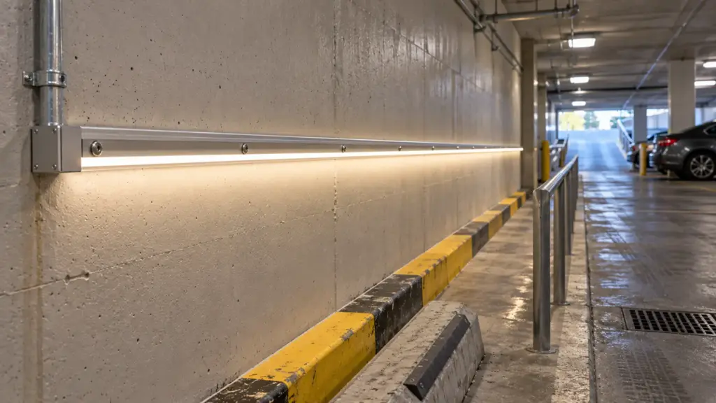 Hotel garage ramp-side wall with an IP67 LED strip in a sealed channel fixed with stainless screws, above a scuffed tire stop