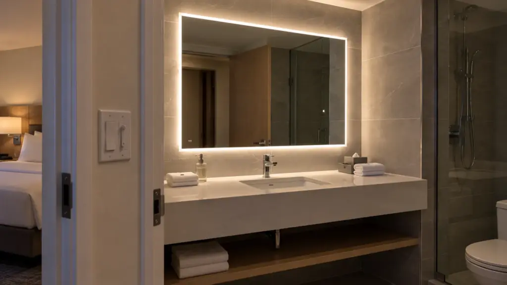 Hotel guest bathroom with a backlit mirror strip glowing and a wall switch beside the door that controls it