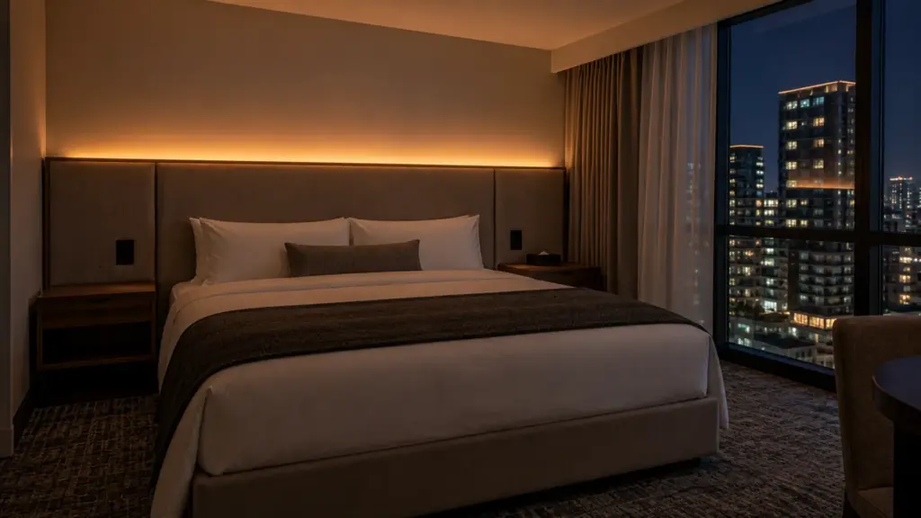 Hotel guest room at night with a dim-to-warm LED strip headboard cove at ten percent glowing candle warm beside a window of cool city light