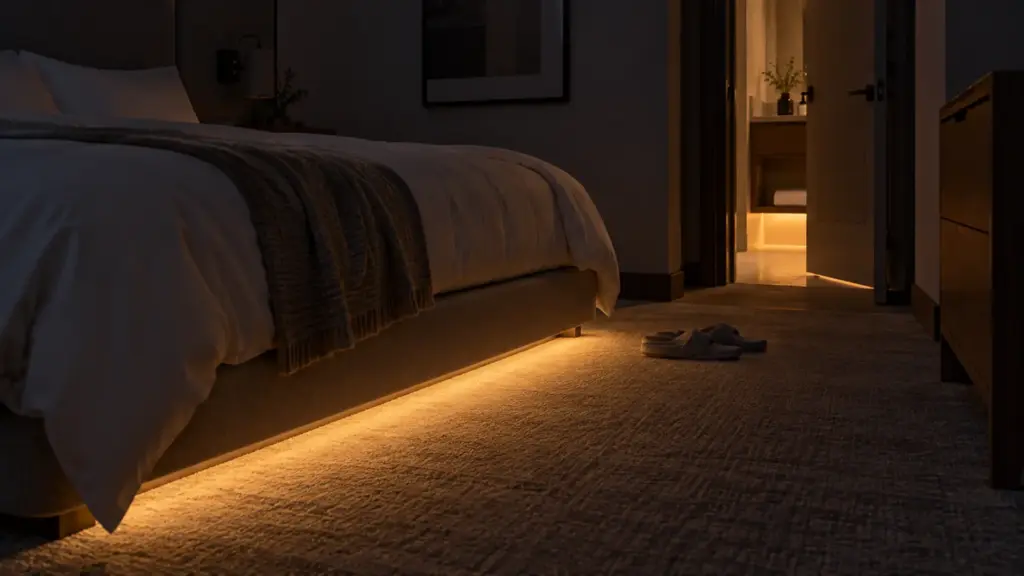 Dark hotel guest room with a low strip under the bed lighting a path on the floor to the bathroom