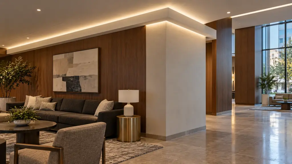 Hotel lobby bulkhead outside corner with a cove wrapping it and a mitered channel joint closed with no gap