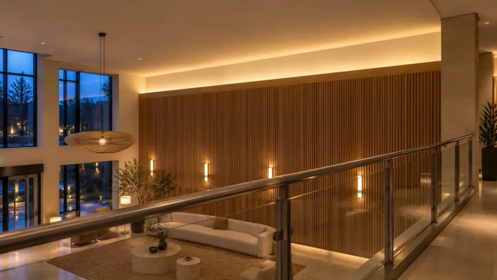 View from a hotel lobby mezzanine rail down at a perimeter cove whose lip hides the LED strip, with only a soft glow on the ceiling