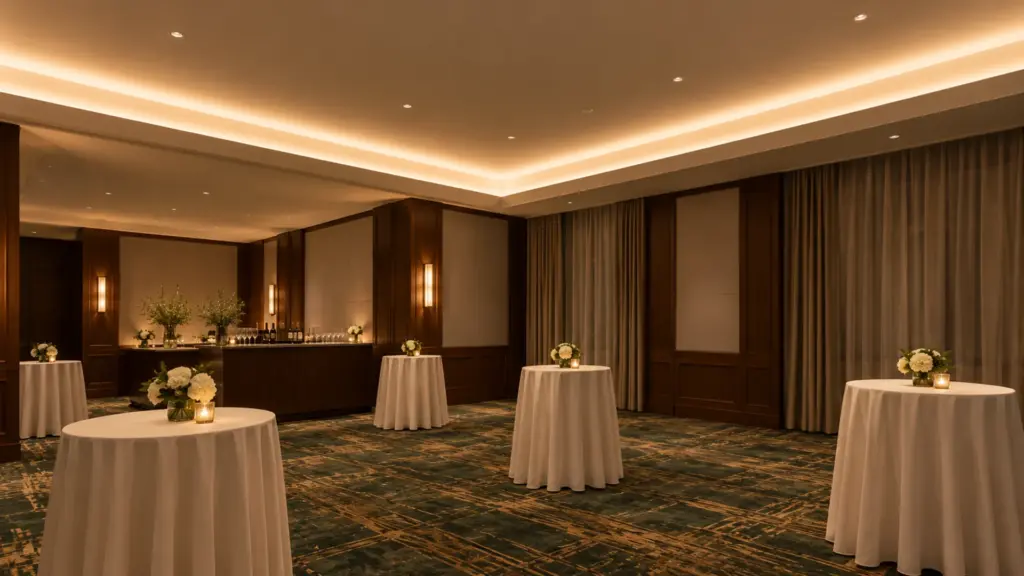 Hotel meeting room in an evening scene with two-channel COB strip coves on two zones matched at 3000K