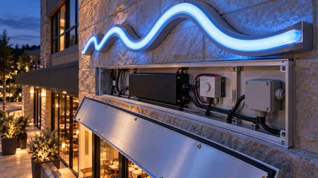 Potted LED neon sign power supply inside an open sign raceway at a hotel restaurant
