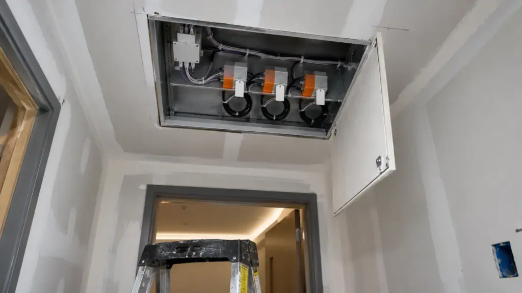 Open ceiling hatch at a hotel room entry showing a room controller and three drivers each with a numbered tag