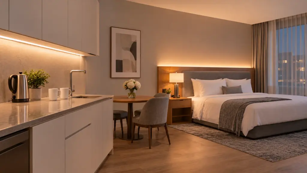 Extended-stay hotel suite with a slim warm line under the kitchenette cabinets and a lit headboard wall beyond