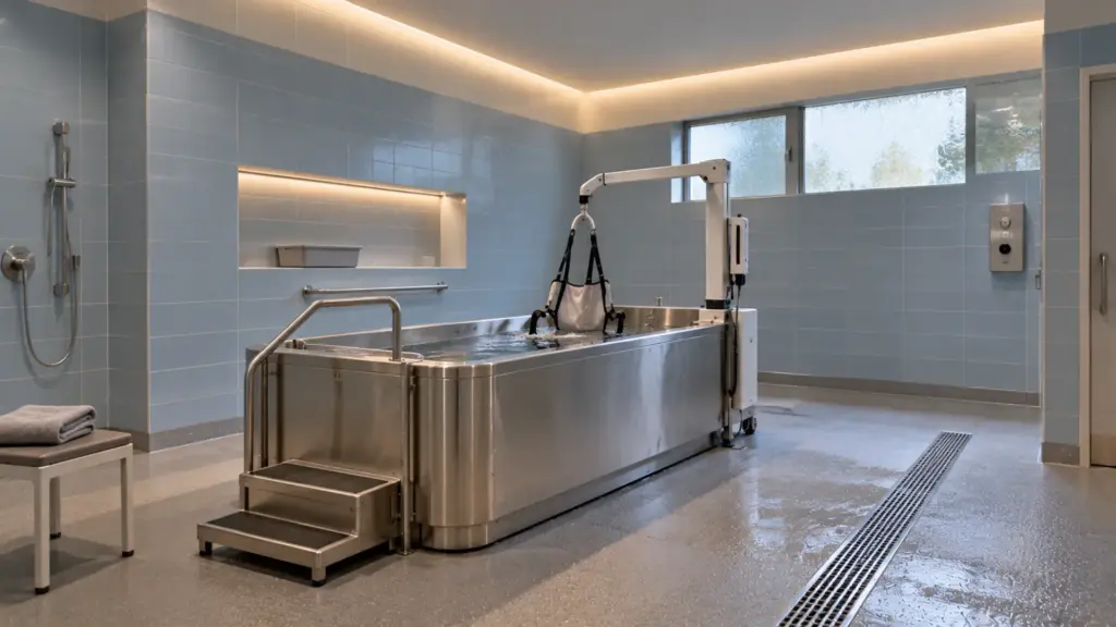 Hospital hydrotherapy room with a ceiling cove and a lit wall niche, both on IP67 strip in sealed channels