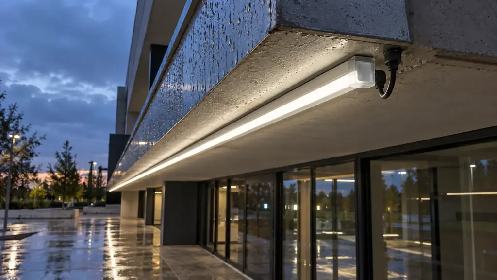 IP65 LED strip with a sealed end cap along a building canopy edge at dusk