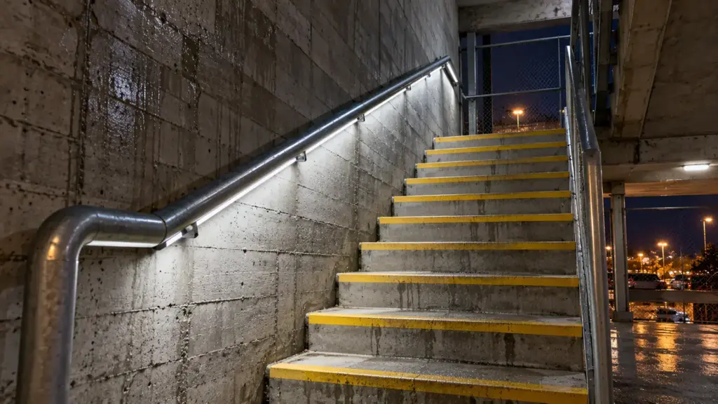 IP65 outdoor LED strip under a stair handrail in a parking garage stair core