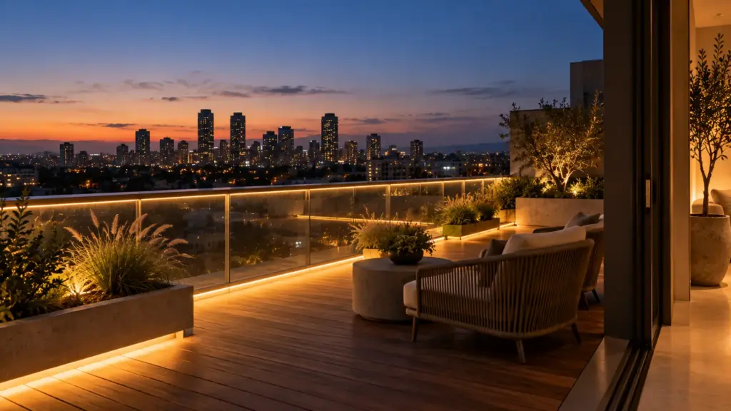 Rooftop terrace with 2700K IP65 outdoor LED strip under the glass railing cap and planters