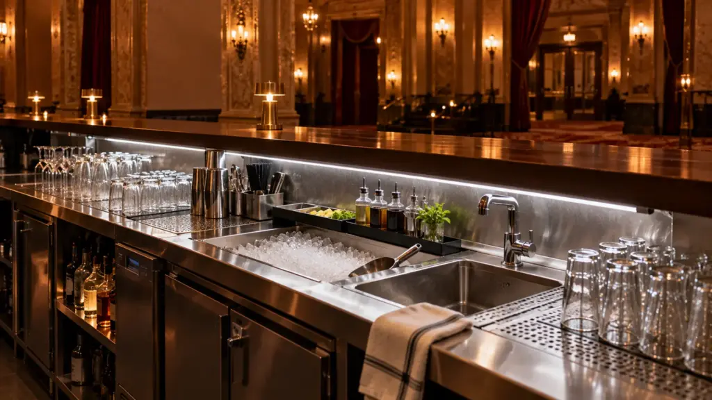 IP65 LED strip in a frosted channel lighting the service well behind a theater concession counter at 4000K