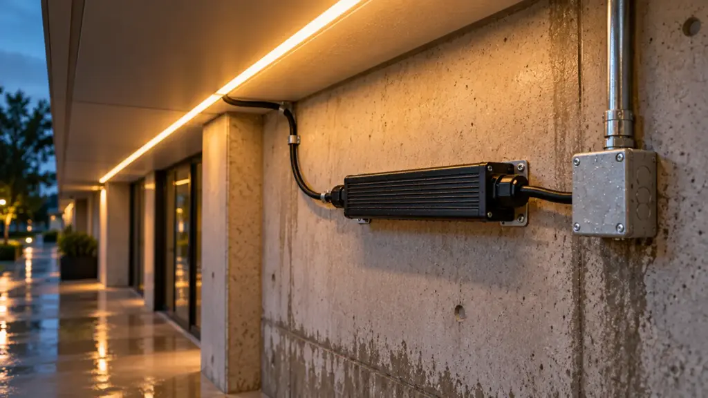 Sealed IP67 LED driver installed in a damp location