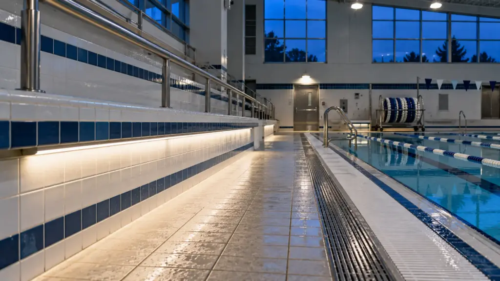 IP67 LED strip under a spectator bench in an indoor natatorium, where chlorinated air attacks strip